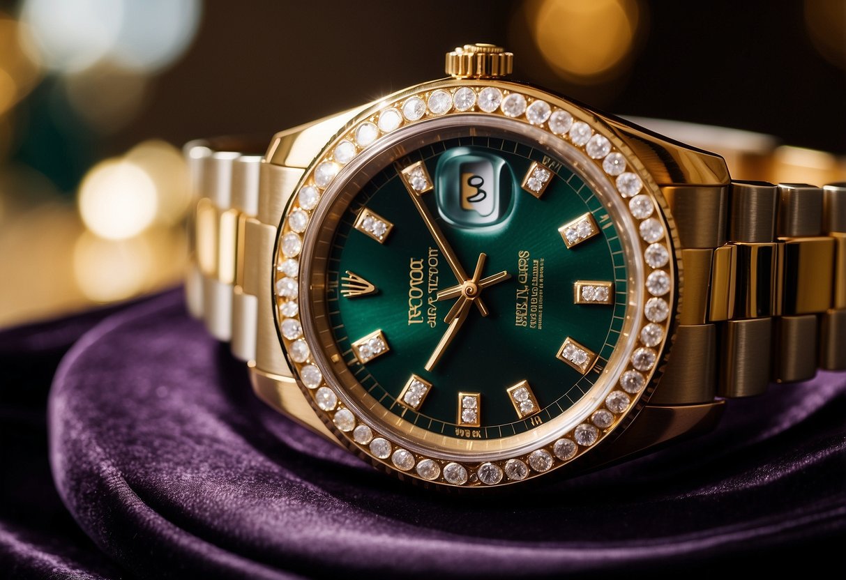 A luxurious Rolex watch sitting on a velvet display cushion in a high-end boutique in Singapore