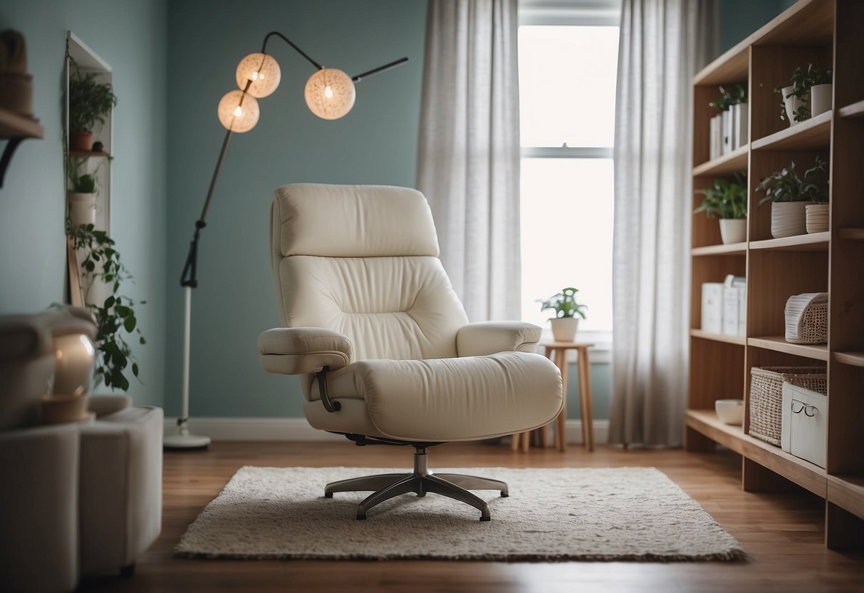 A serene, clean room with soft lighting and healing supplies. A comfortable chair for aftercare consultations