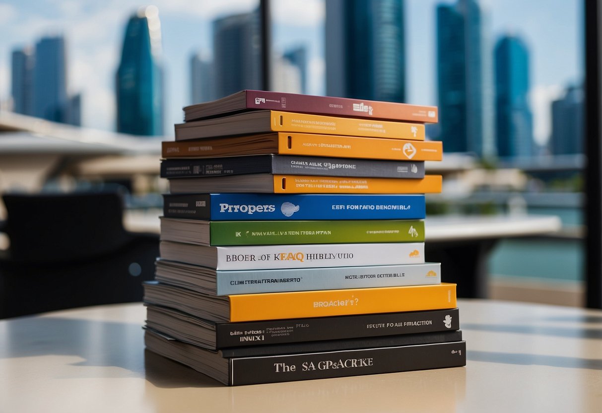 A stack of FAQ brochures on a counter, with a Singapore cityscape in the background