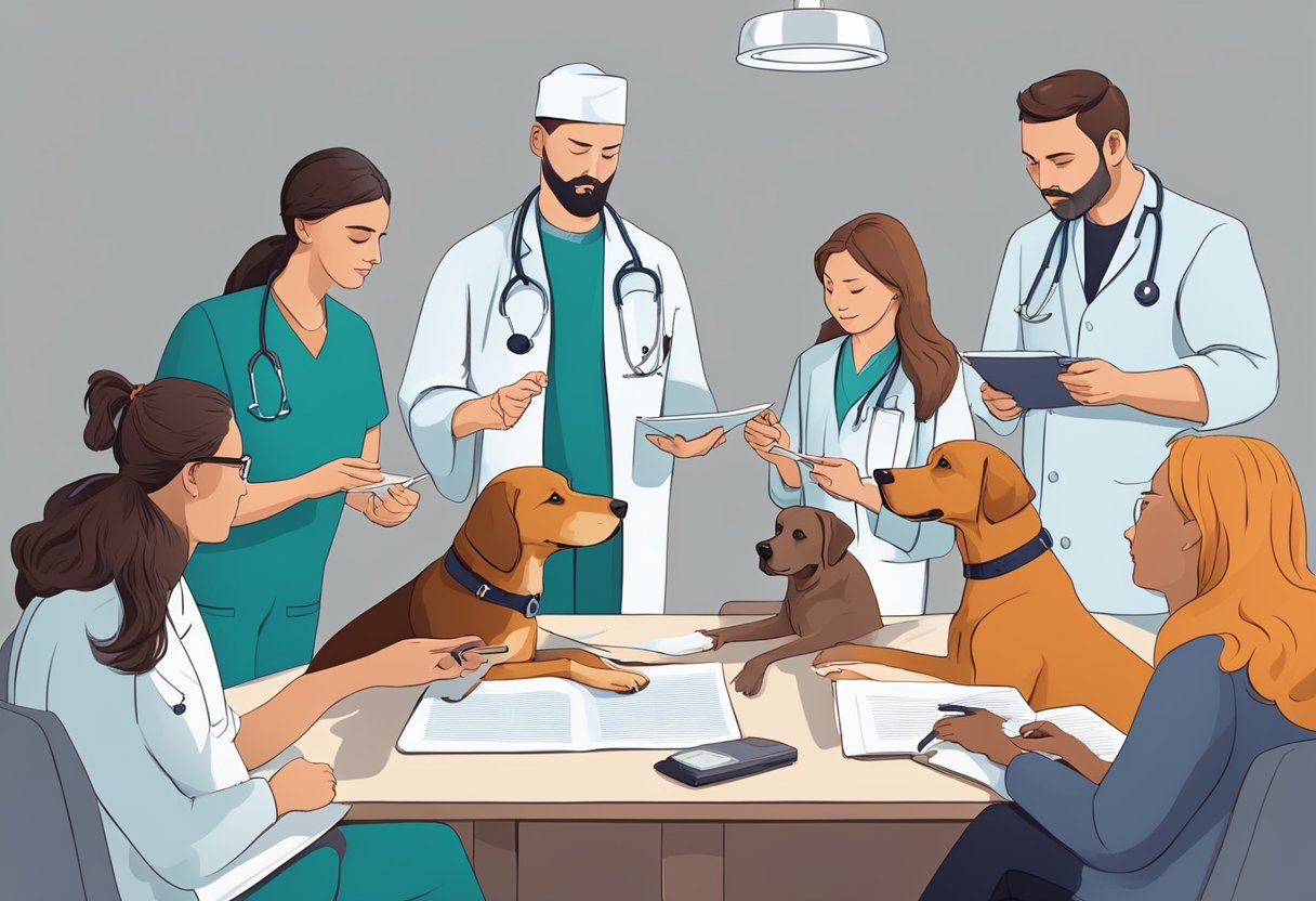 A group of veterinary professionals discussing the safety of dogs consuming cloves. They are gathered around a table, pointing to research papers and engaging in a lively debate