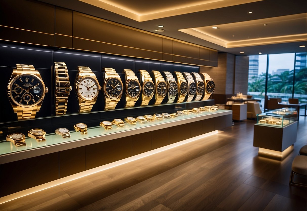 A luxurious display of Rolex watches in a sleek Singapore boutique. Bright lights illuminate the exquisite timepieces, showcasing their elegance and prestige
