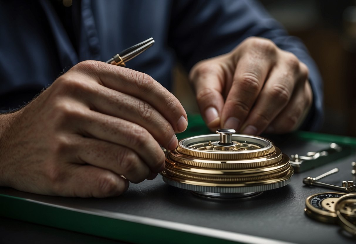 A skilled artisan meticulously assembles a Rolex timepiece with precision and care, showcasing the craftsmanship and attention to detail that goes into creating each watch