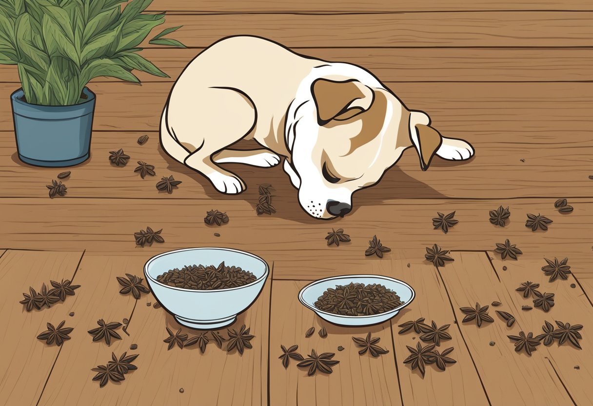 Anise seeds scattered on a wooden surface with a dog sniffing them curiously. A bowl of anise-infused water sits nearby.