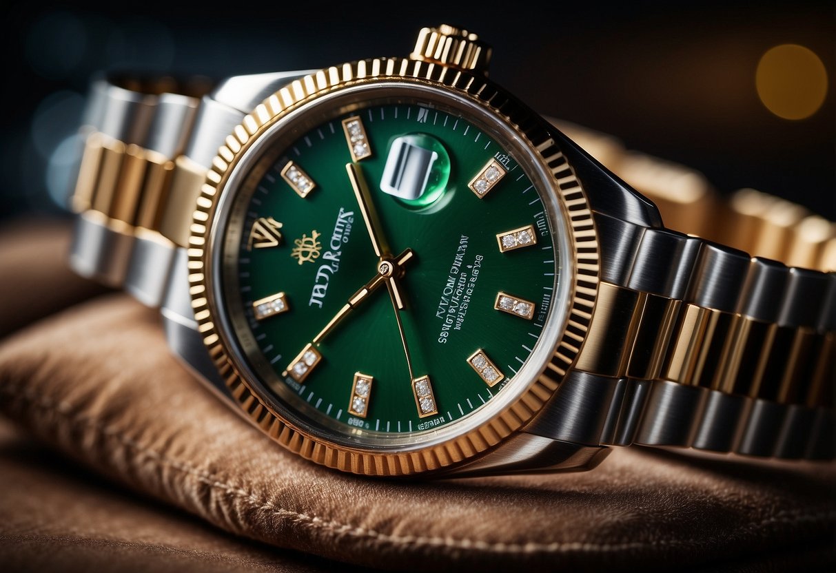 A sleek Rolex watch displayed on a luxurious velvet cushion, with a spotlight highlighting its intricate design and craftsmanship