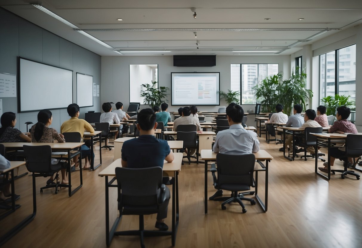 People in a classroom in Singapore, with desks and chairs arranged in rows. A whiteboard at the front of the room displays the lesson topic