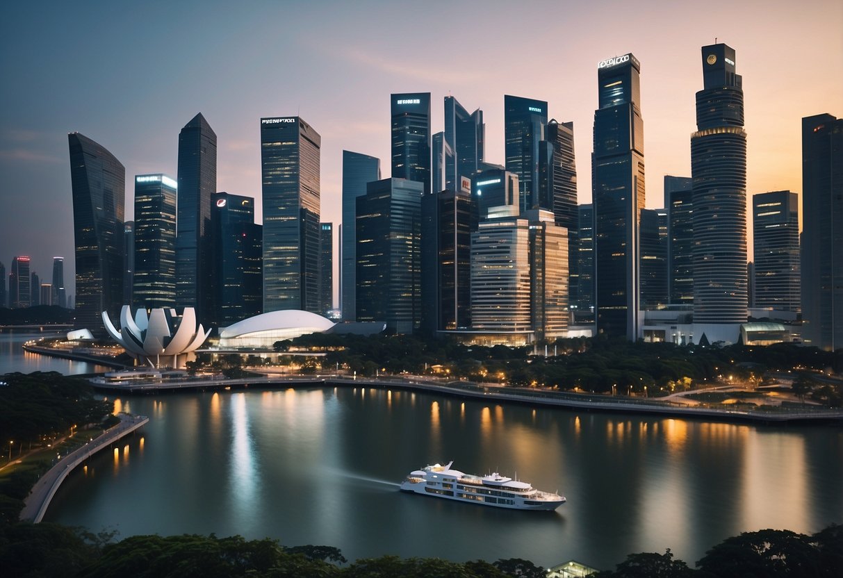 A bustling cityscape of Singapore's financial district with iconic skyscrapers and waterfront views