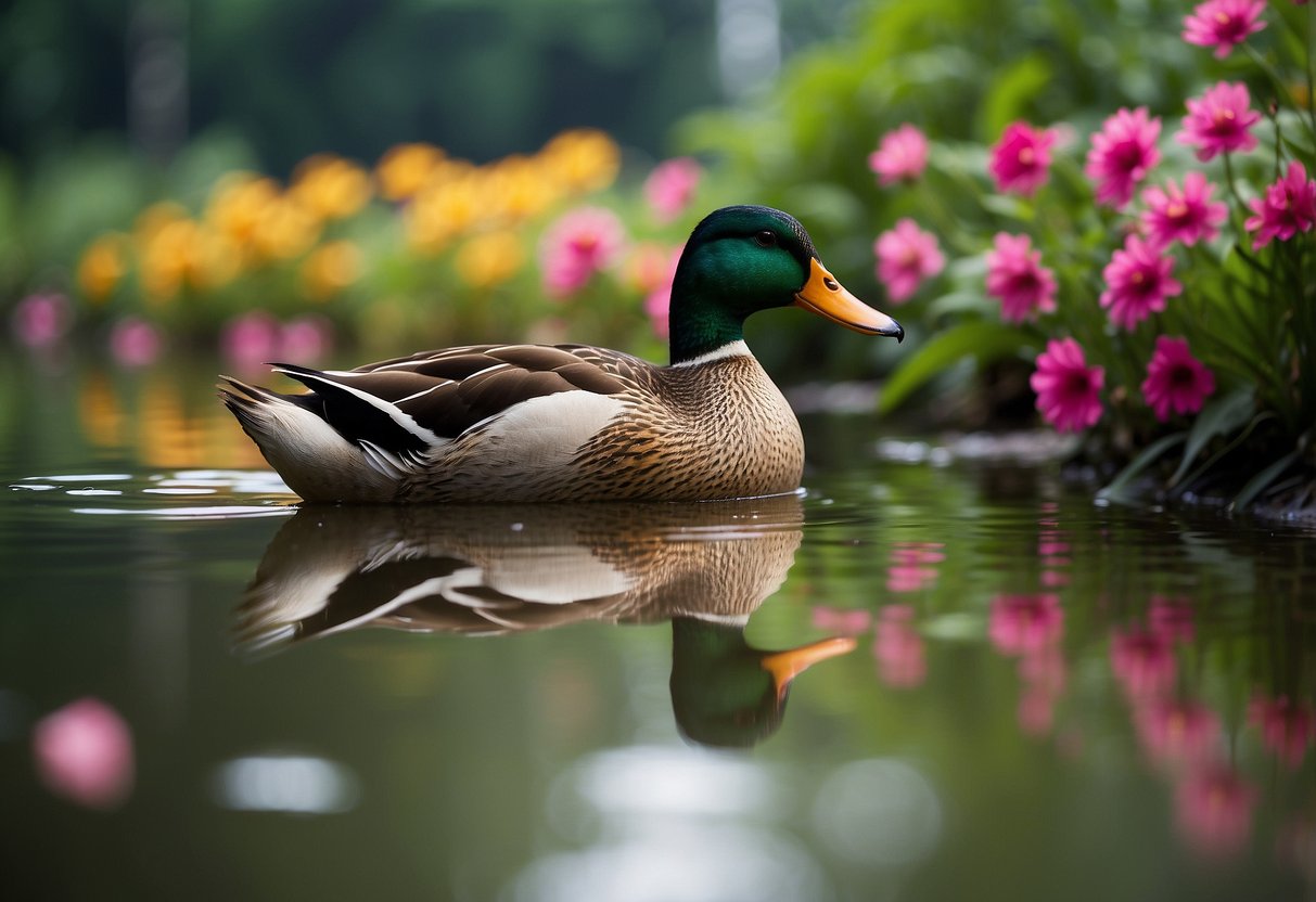 A duck waddles along the edge of a serene pond in Singapore, surrounded by lush greenery and colorful flowers
