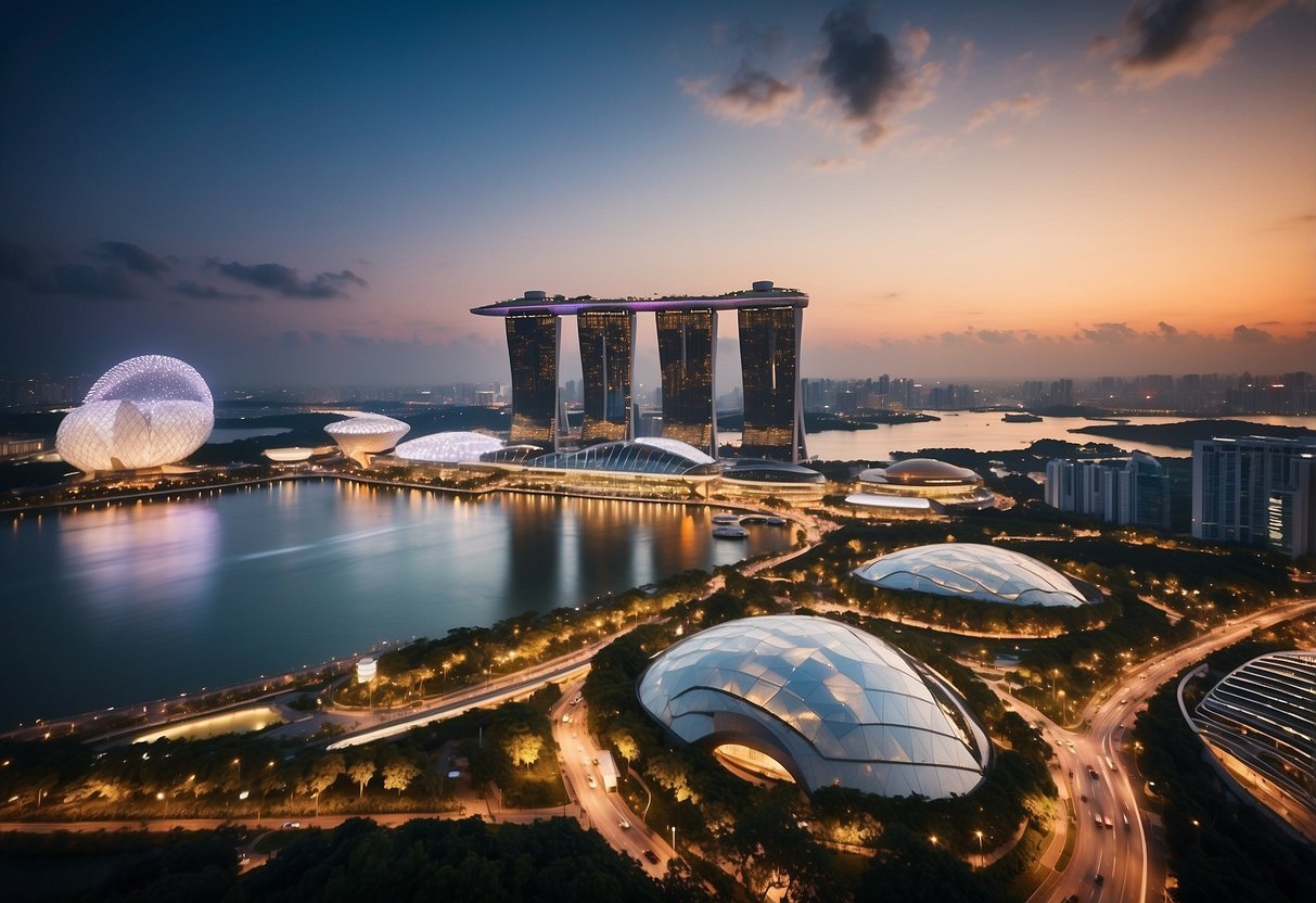 A bustling cityscape with iconic landmarks like Marina Bay Sands and Gardens by the Bay, surrounded by vibrant shops and restaurants in DFS Singapore