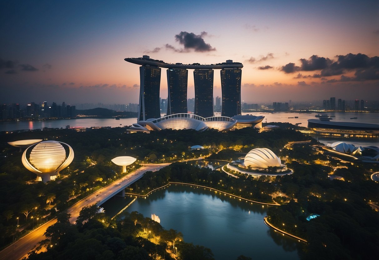A bustling cityscape with iconic landmarks like the Marina Bay Sands and the Singapore Flyer, surrounded by modern skyscrapers and lush greenery