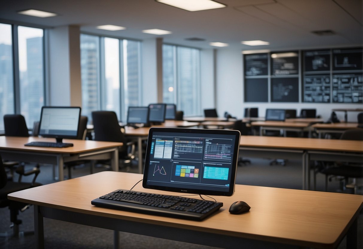 A classroom setting with various technology and skill-building tools, such as computers, tablets, and interactive whiteboards, surrounded by futuristic cityscape