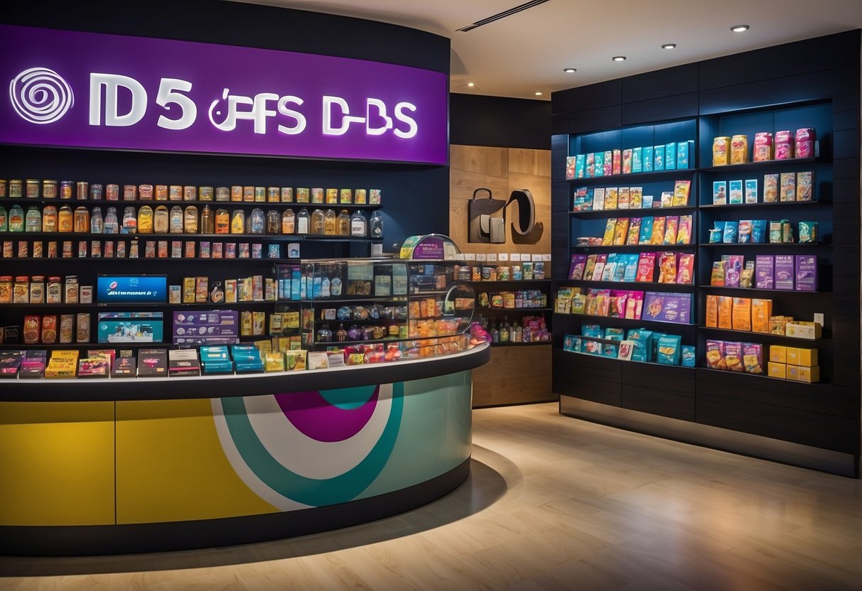 A colorful array of products and services offered by DFS Singapore displayed on sleek, modern shelves with vibrant signage