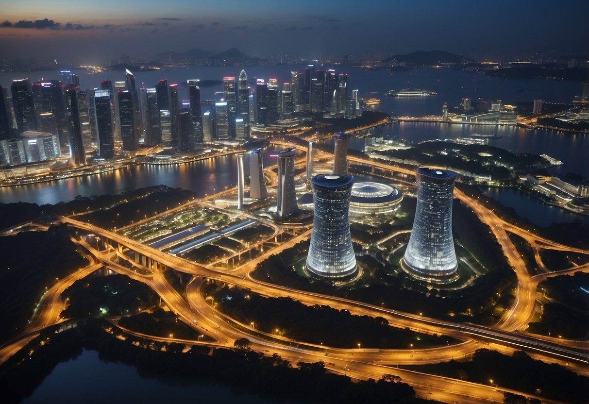A bustling city skyline with power plants and renewable energy sources, showcasing EMA's pivotal role in Singapore's energy landscape