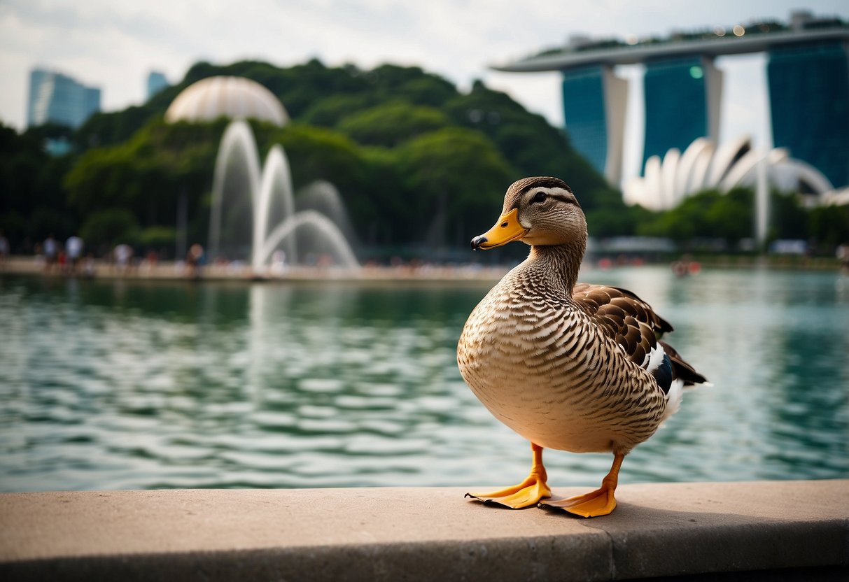 A duck waddling past iconic Singapore landmarks like the Merlion, Marina Bay Sands, and Gardens by the Bay