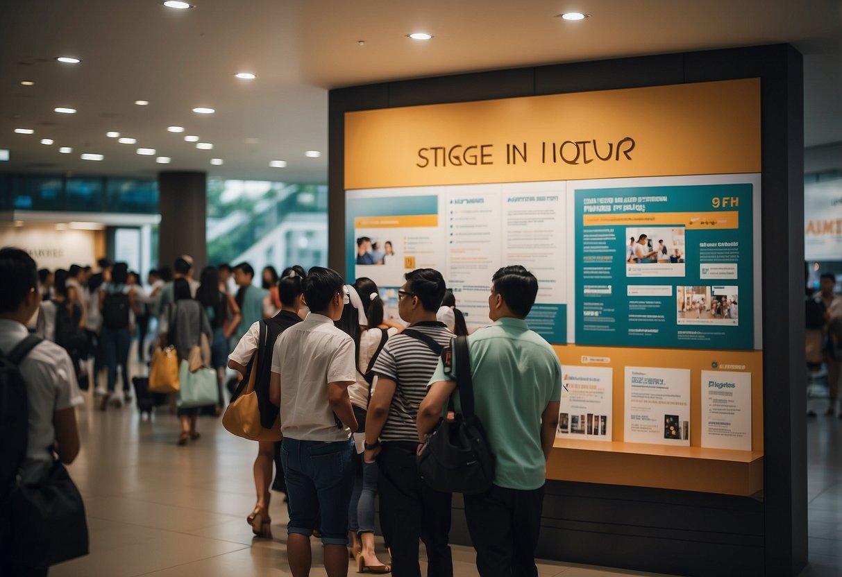 People inquiring about courses in Singapore, with signs and brochures in a busy educational center