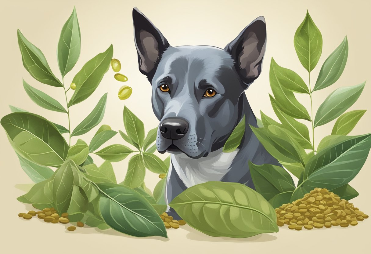 Bay leaves and chemical compounds are shown with a dog sniffing cautiously.