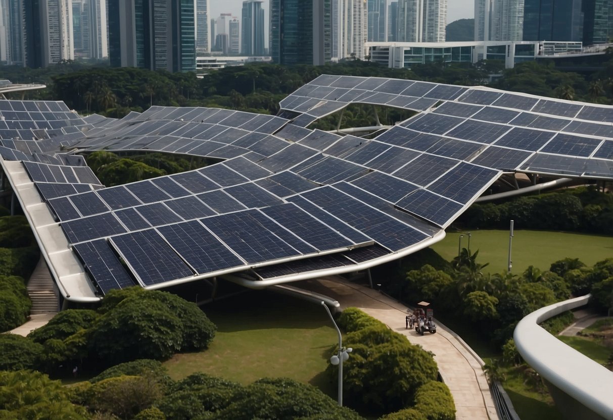 Gleaming solar panels cover rooftops, wind turbines spin gracefully, and electric vehicles hum along futuristic streets in Singapore's energy sector