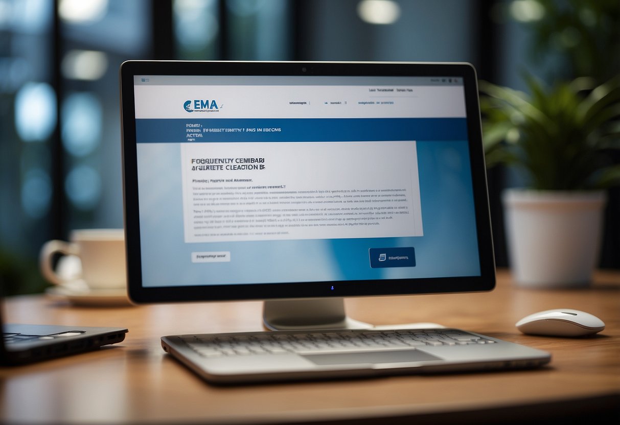 A computer screen displaying the "Frequently Asked Questions" page of the EMA Singapore website, with the EMA logo and a list of questions and answers