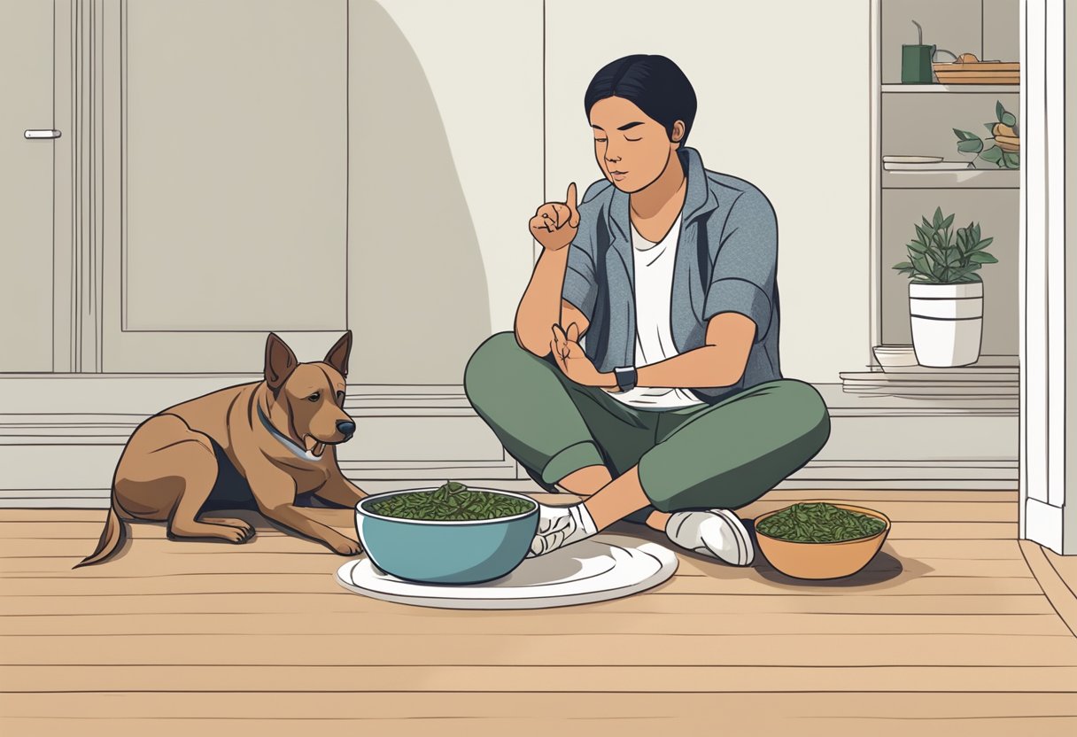 A dog sitting next to a bowl of food with bay leaves on the floor, while a person gestures "no" with their finger.