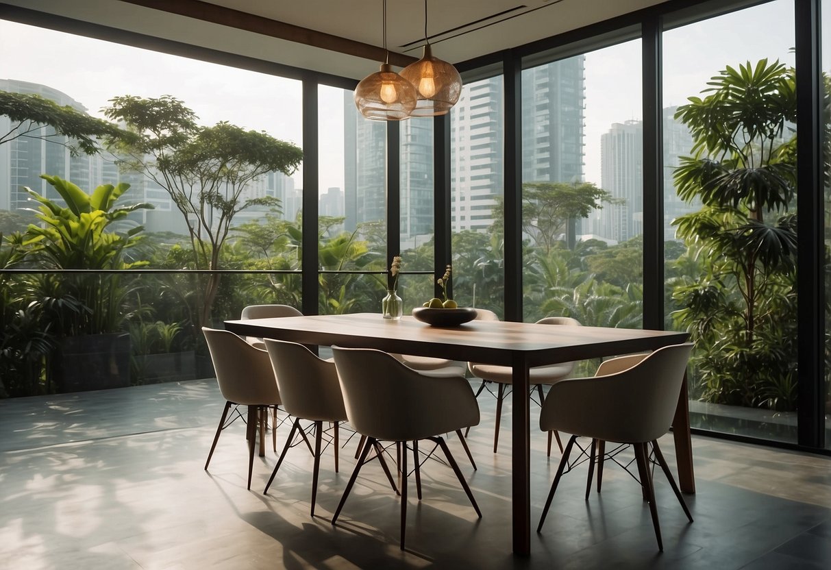An extendable dining table in a modern Singaporean home, surrounded by stylish chairs and bathed in natural light from large windows