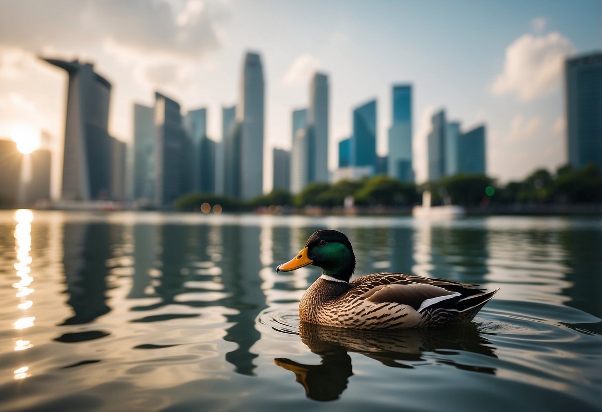 A duck swimming in a serene pond with a backdrop of the Singapore skyline