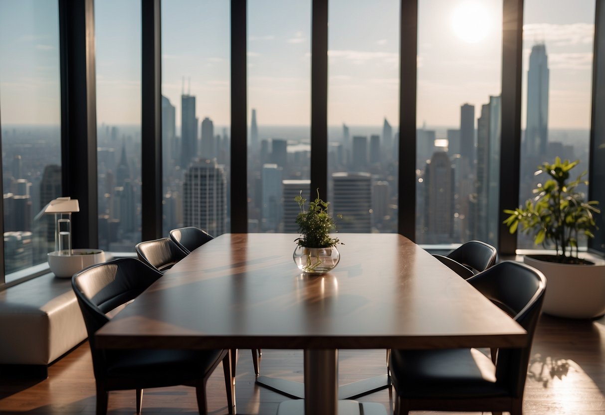 A modern dining room with a sleek, extendable dining table set against a backdrop of large windows overlooking a city skyline