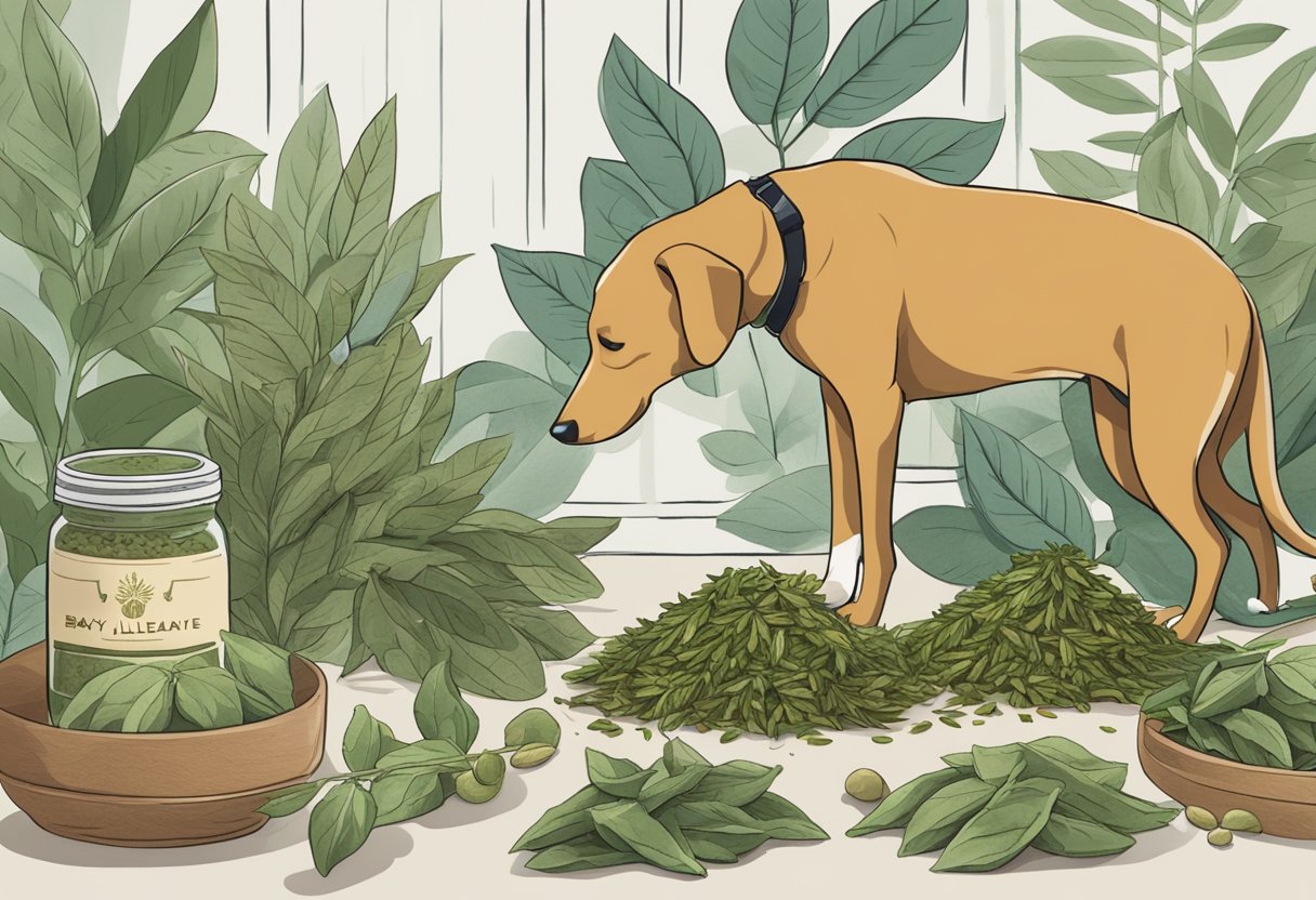 A dog sniffs a pile of bay leaves while an assortment of safe alternative herbs for dogs are displayed nearby.