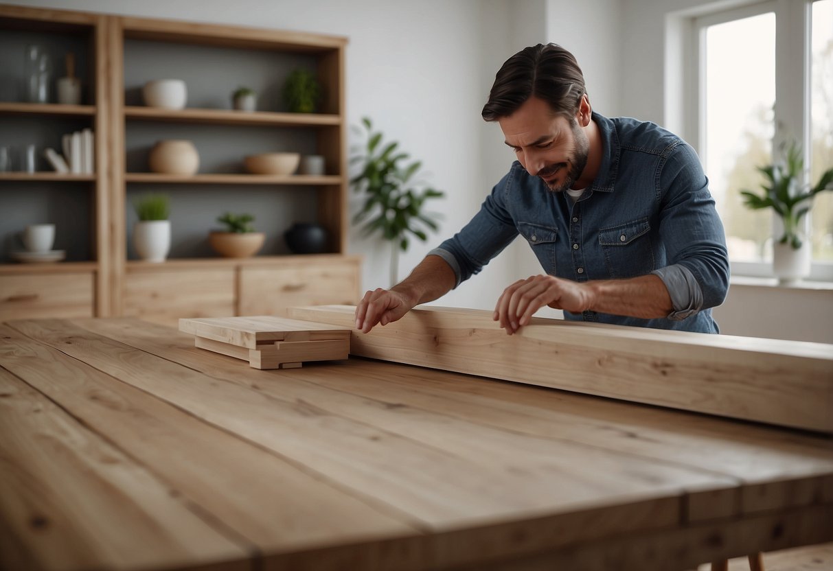 A person unboxing and assembling an extendable dining table, then wiping it down with a soft cloth and applying wood polish for maintenance