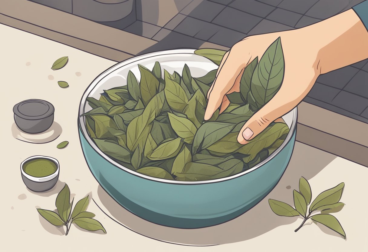 A dog sits next to a bowl of food with bay leaves scattered around it. A hand reaches in to remove the leaves, emphasizing responsible pet ownership and preventive measures