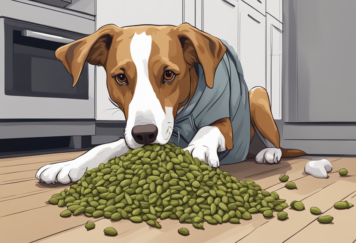 A dog sniffs a pile of cardamom pods on the kitchen floor.