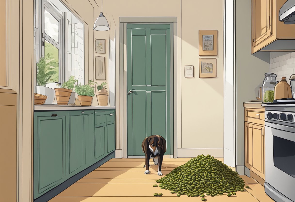 A dog sniffs a pile of cardamom pods on the kitchen floor. A concerned owner watches from the doorway.