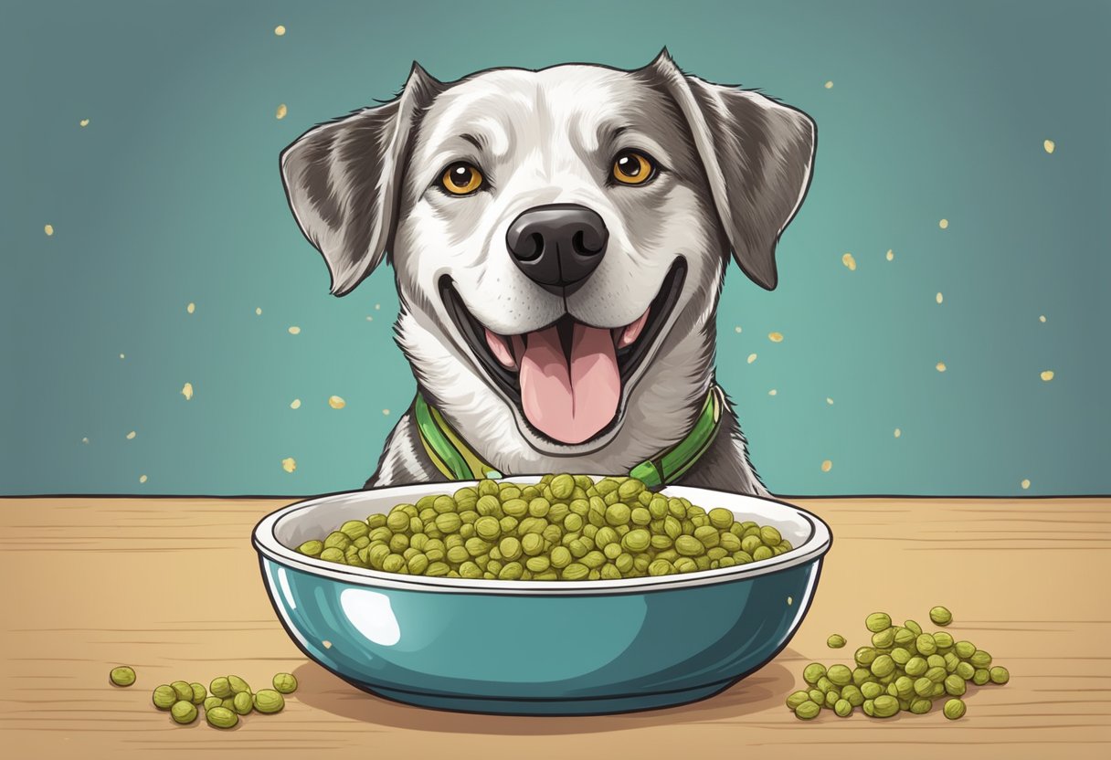 A happy dog with a shiny coat and bright eyes, enjoying a bowl of food with cardamom sprinkled on top.