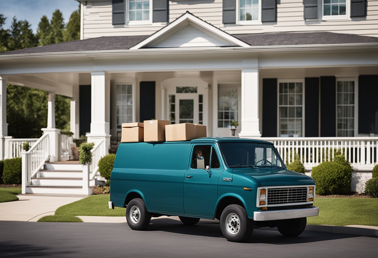 A delivery truck parked in front of a suburban house, with packages being unloaded onto the front porch by a delivery person