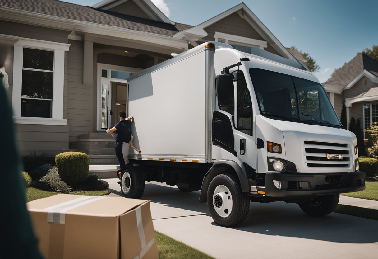 A delivery truck parked in front of a suburban home, with packages being unloaded onto the front porch by a delivery worker