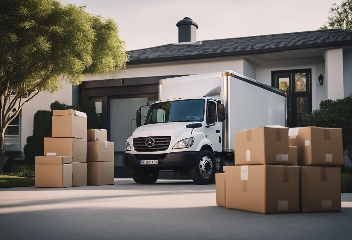 A delivery truck parked in front of a house, with packages being unloaded onto a dolly by a delivery person