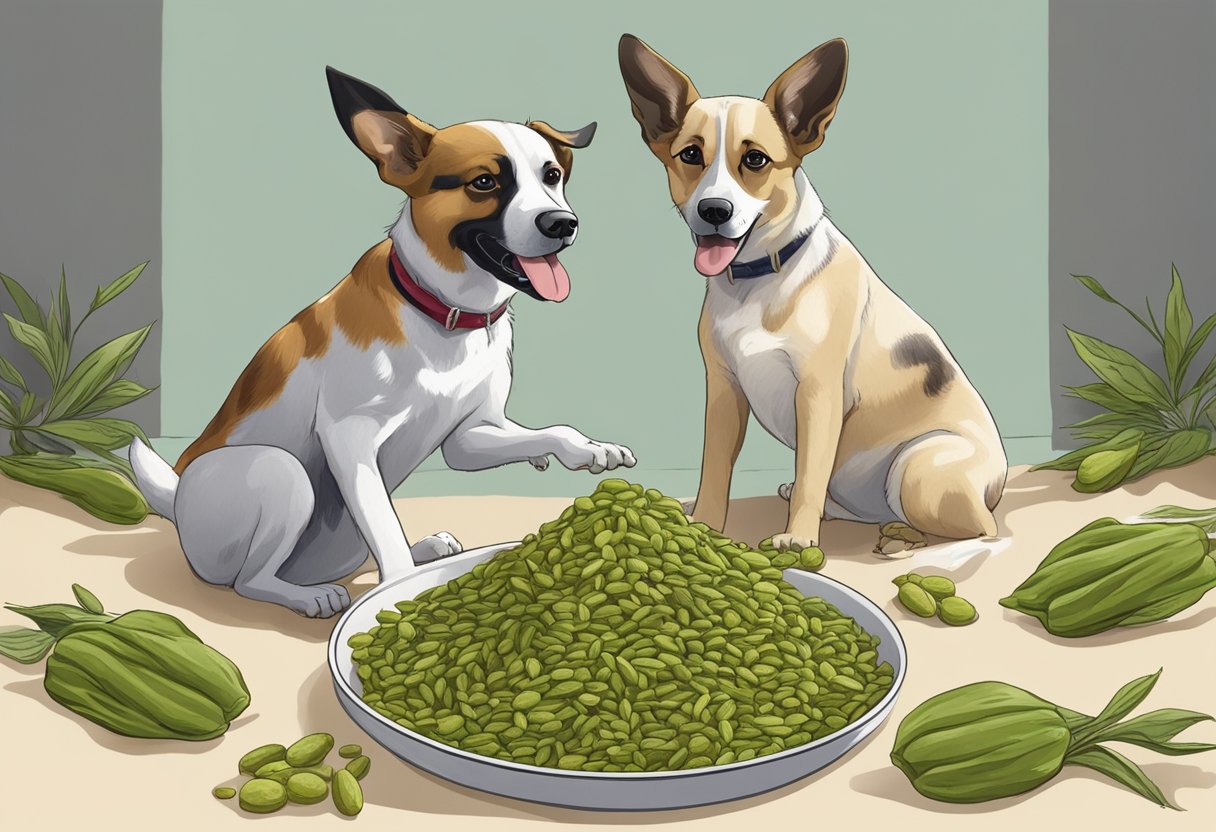 Dogs eagerly consume cardamom from a dish on the ground.