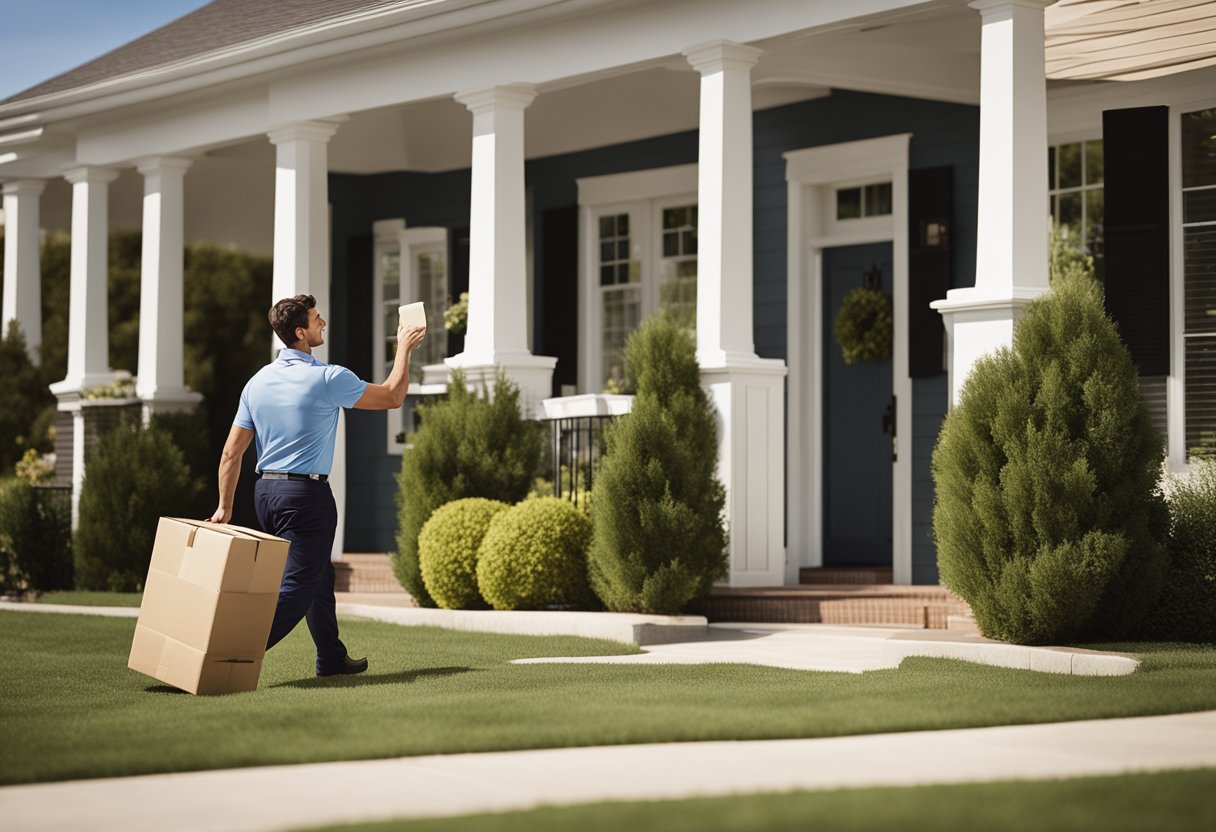 A delivery truck pulls up to a suburban home, with a driver handing a package to a smiling customer at the front door