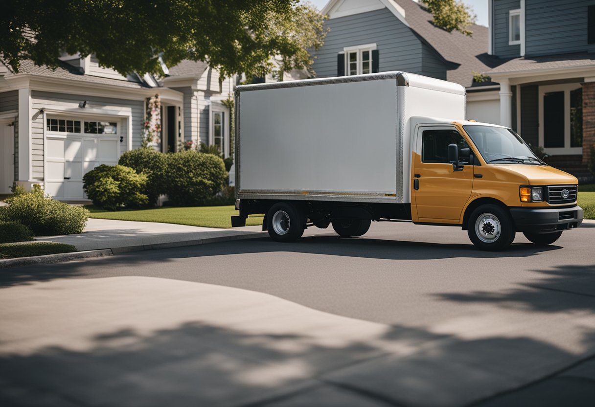 A delivery truck parked in a suburban neighborhood. Packages stacked neatly in the back. A delivery person carrying a package to a front door