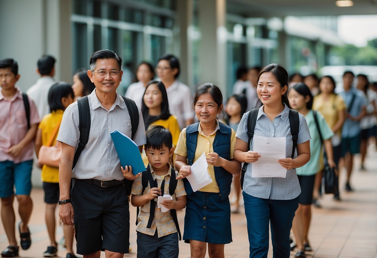 A long line of parents and children waits outside a school, clutching documents and forms for primary 1 registration in Singapore