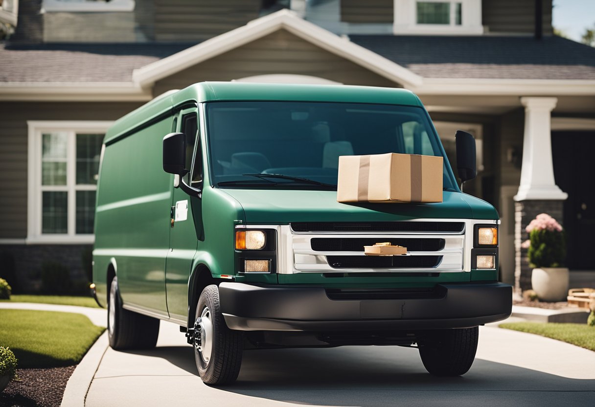 A delivery truck parked outside a suburban home, with packages being unloaded by a worker in a uniform