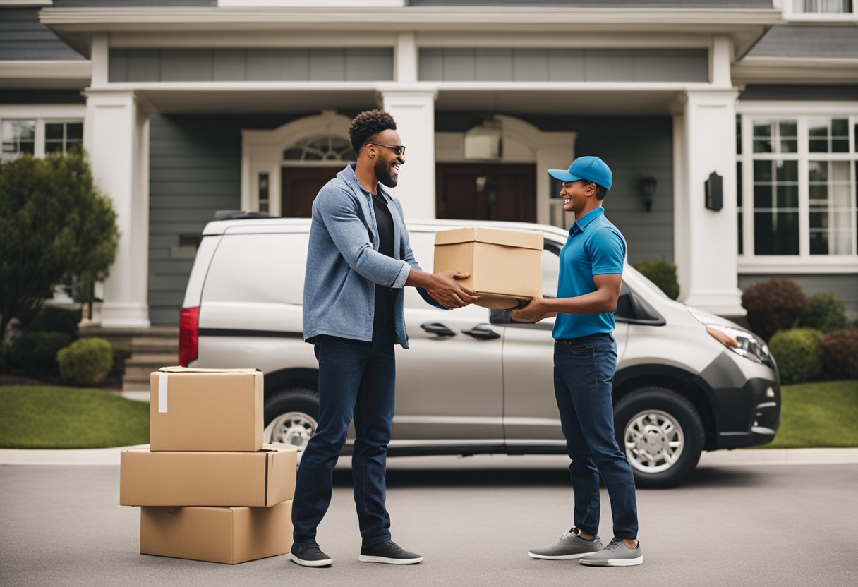 A delivery truck parked in front of a suburban home, with a package being handed to a smiling customer by the delivery driver