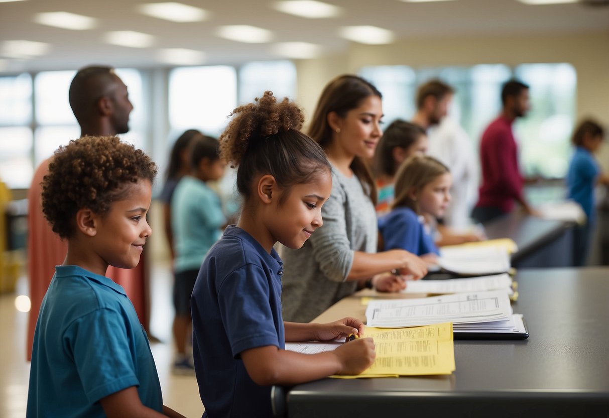 Children and parents lining up at a school registration counter with forms and documents in hand. Staff assisting with procedures and answering questions