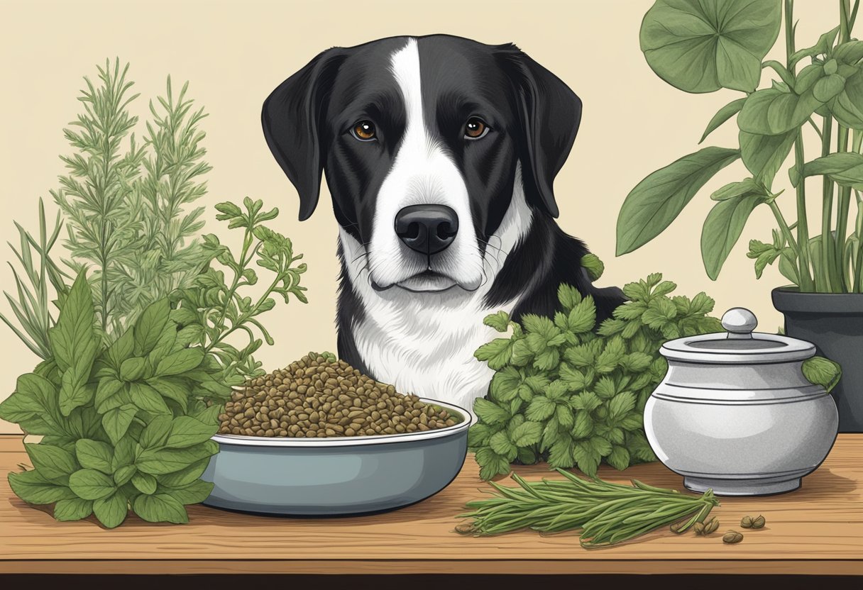 A dog sniffs various herbs, including cardamom. A bowl of dog-friendly herbs sits nearby.