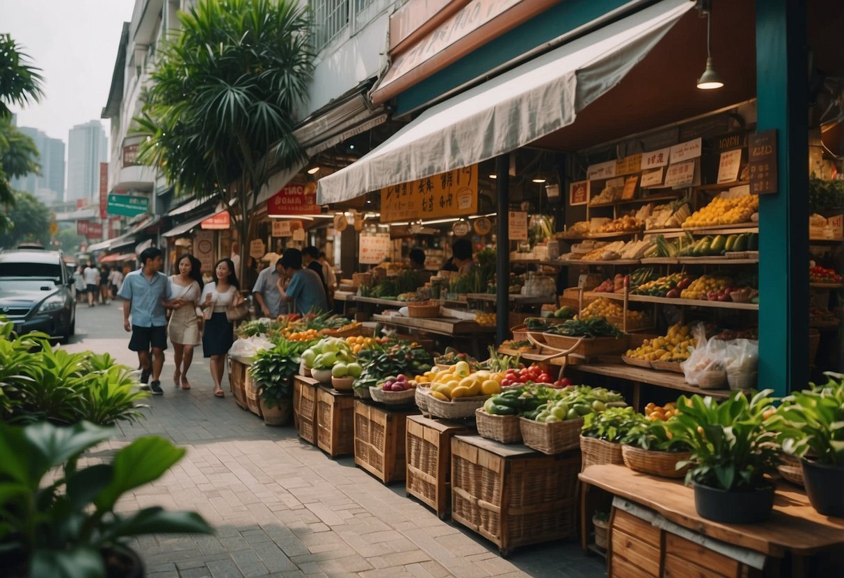 A bustling street in Paneco, Singapore, with colorful shopfronts and exotic plants lining the sidewalks. The sound of chatter and the smell of street food fill the air