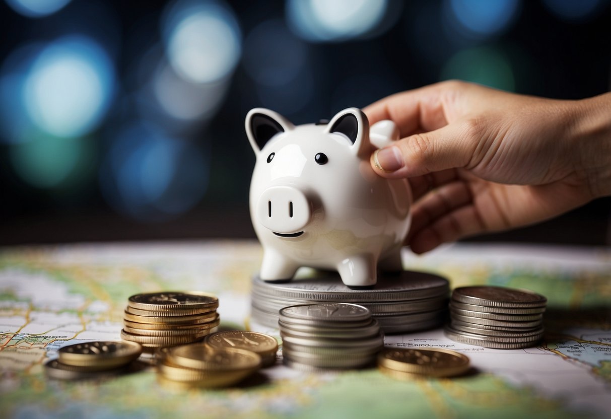A hand reaching out for help, with a map of Singapore in the background, surrounded by symbols of financial support like a piggy bank and a stack of coins