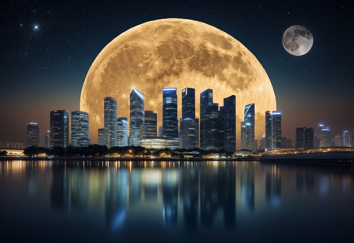 A full moon hangs low over the Singapore skyline, casting a soft, ethereal glow over the city's iconic landmarks and shimmering waters