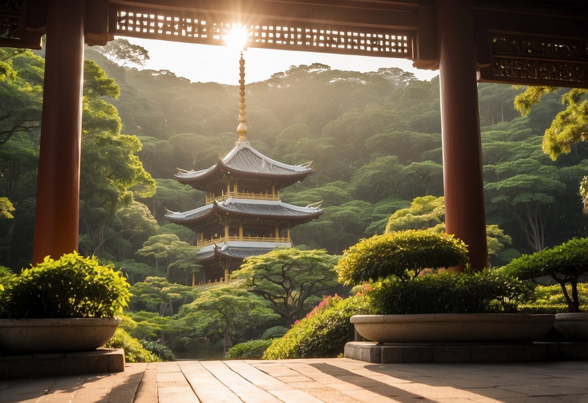 Sunlight filters through the lush greenery, illuminating the serene temple grounds of Fo Guang Shan Singapore