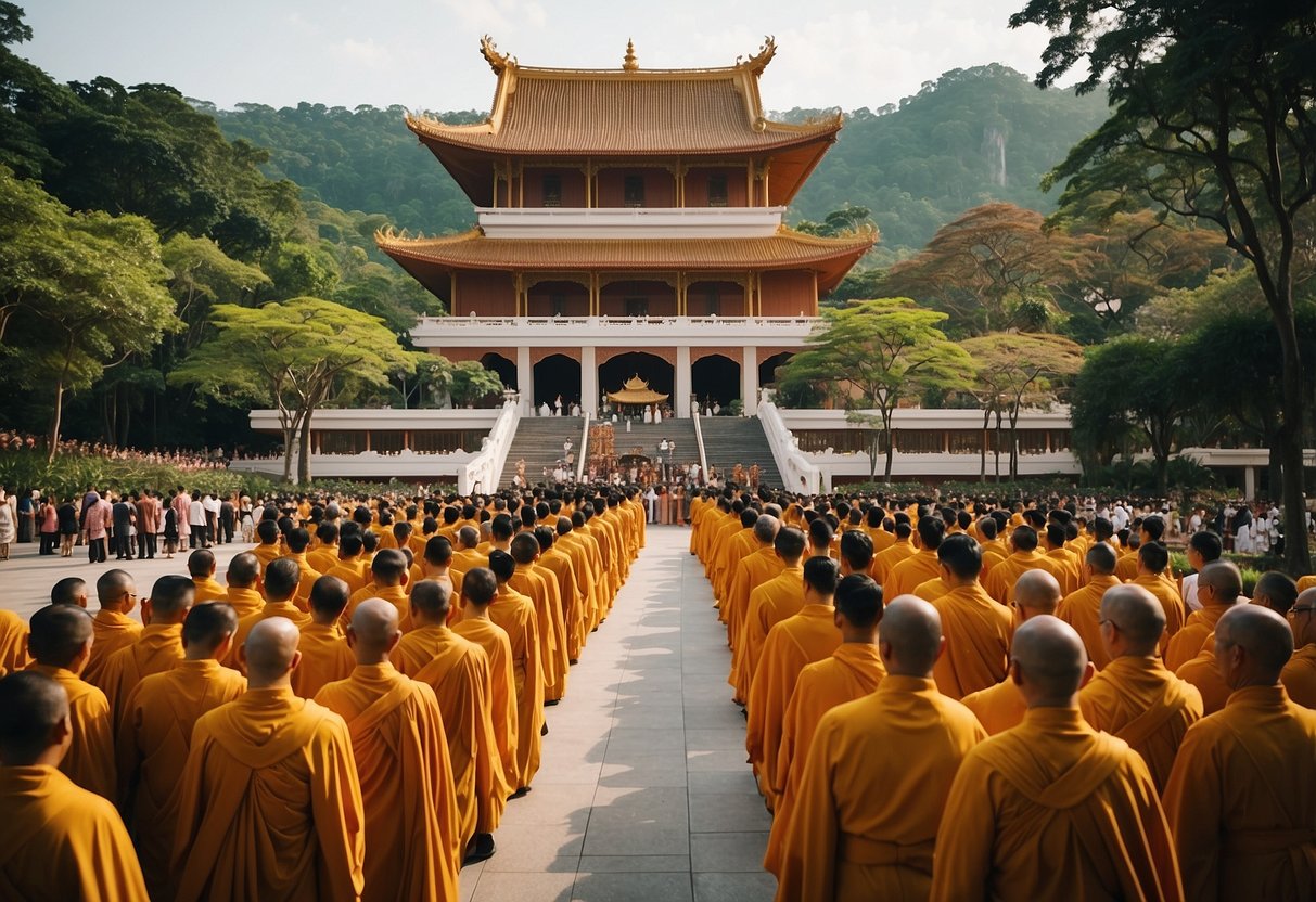 Monks and devotees gather at the grand opening of Fo Guang Shan in Singapore, a serene and majestic temple surrounded by lush greenery