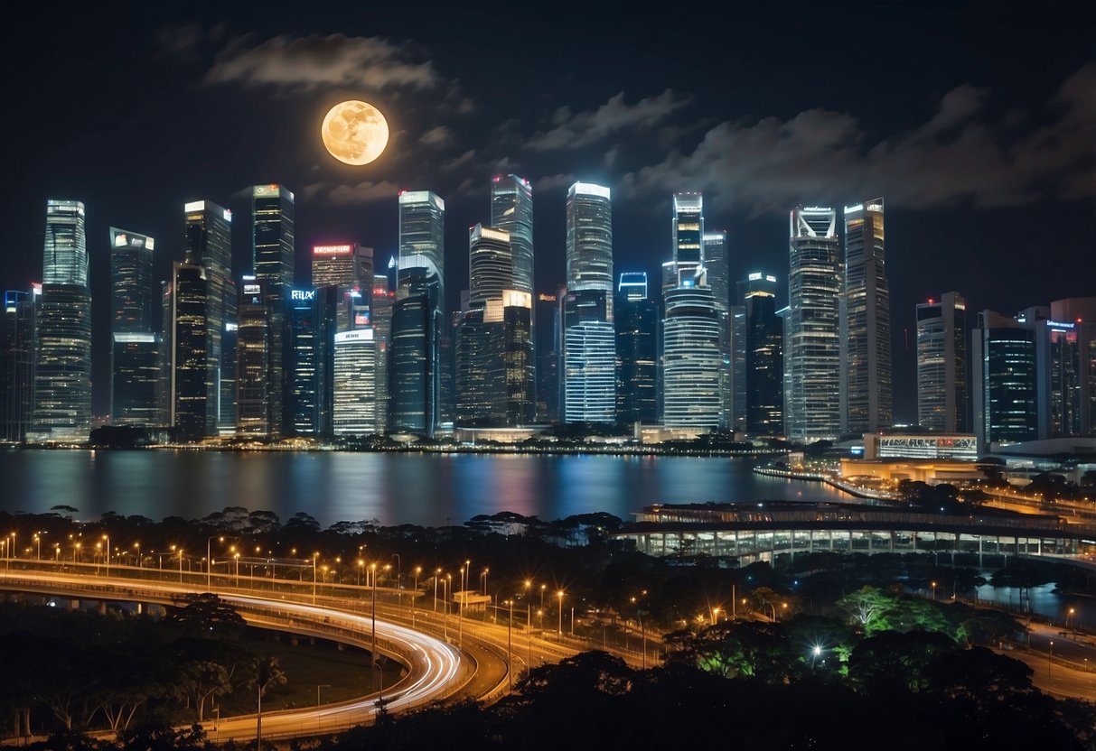 The full moon hangs high over the Singapore skyline, casting a soft, ethereal glow over the cityscape. The night sky is clear, and the moon appears bright and round, illuminating the surrounding buildings and creating a serene and peaceful atmosphere