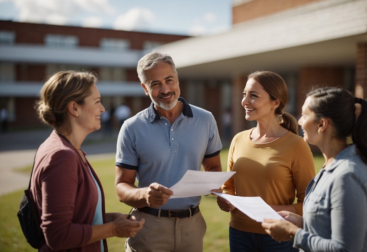 Parents gather outside a school building, holding registration forms and chatting. A sign displays "Primary 1 Registration" with directions
