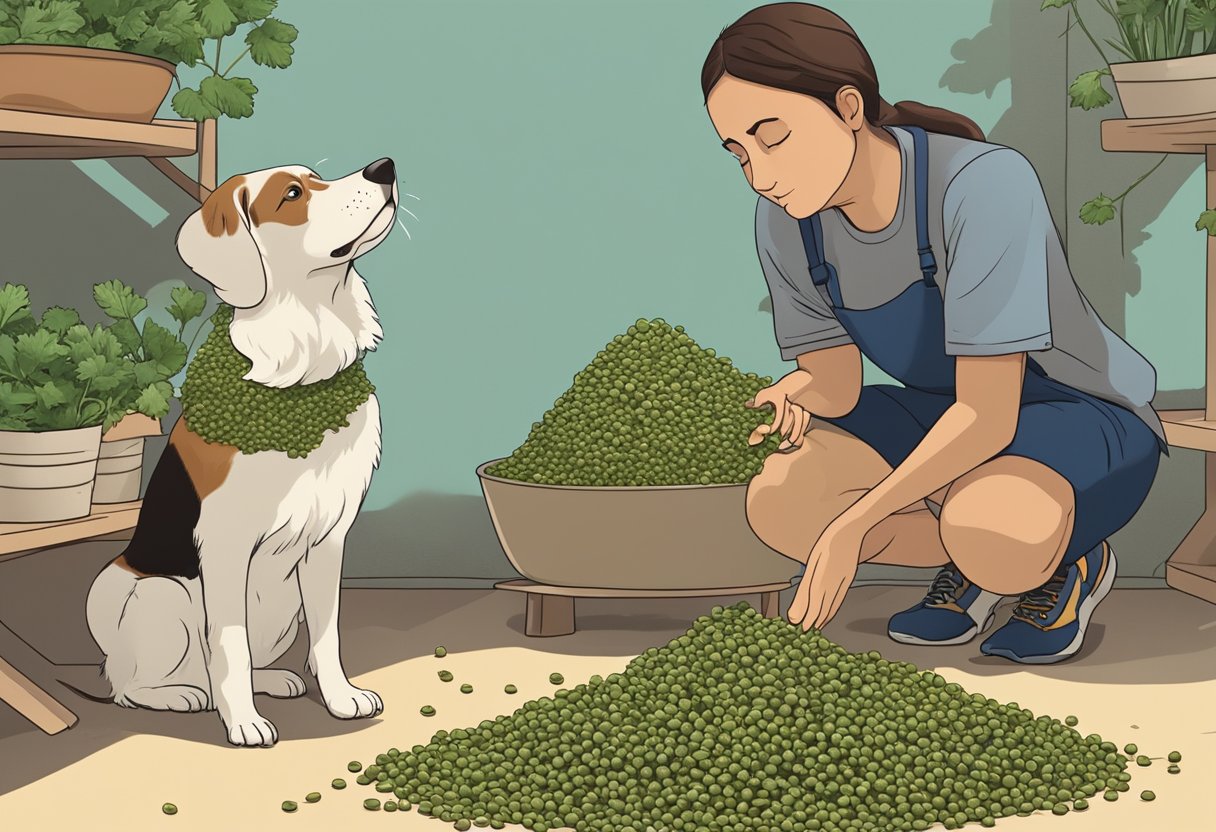 A dog eagerly sniffs a pile of coriander seeds, while a concerned owner watches nearby.